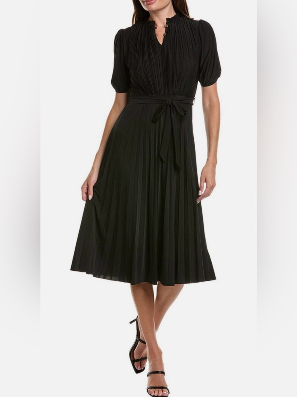 Sharagano A-Line Pleated Tie-Waist Midi Dress in Very Black